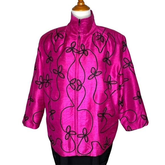 Anage Women’s Silk Fuchsia Pink Black Embroidered Full Zip Blazer Jacket Size 2X - Picture 15 of 15